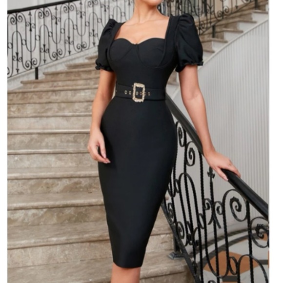 black puff sleeve bodycon dress One Shoulder Puff Sleeve Bodycon Mini Dress in Black main image 0